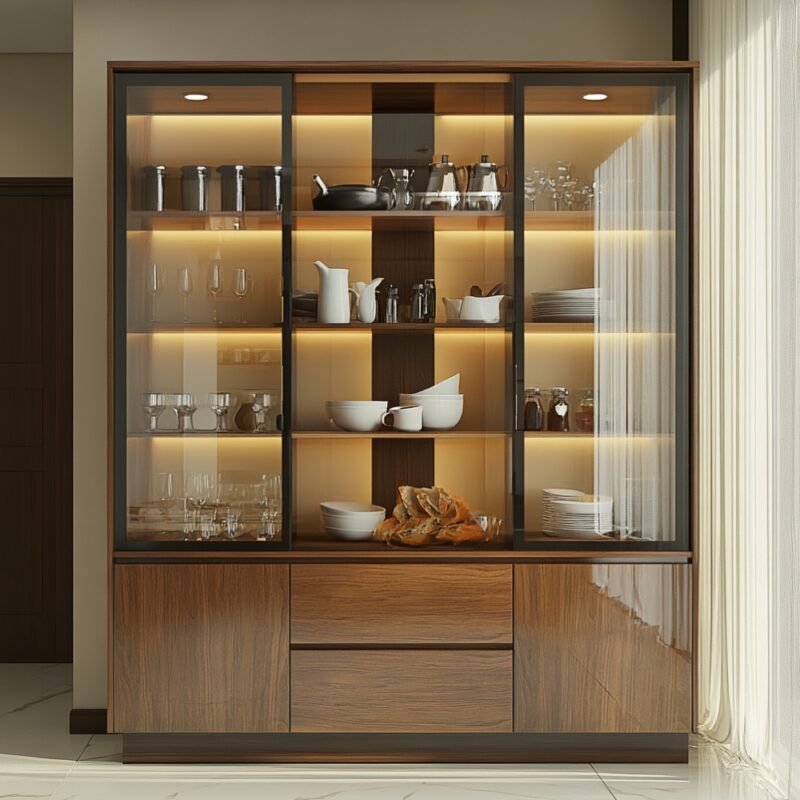 Persian Walnut Crockery Unit Design with Glass Shutters and Drawers