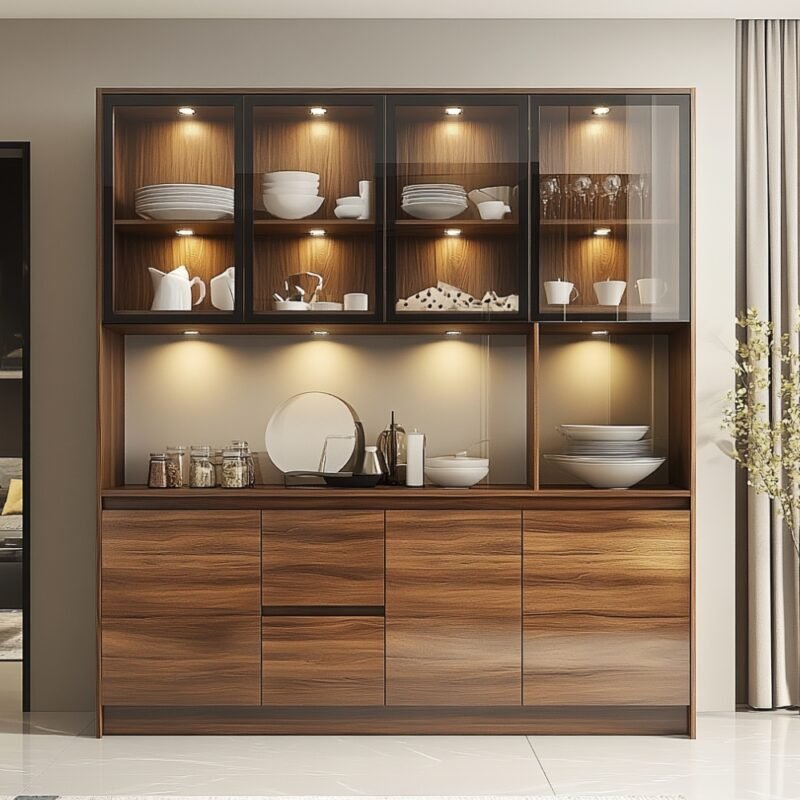 Modern Walnut Bronze Crockery Unit Design with Glass Shutters and Drawers