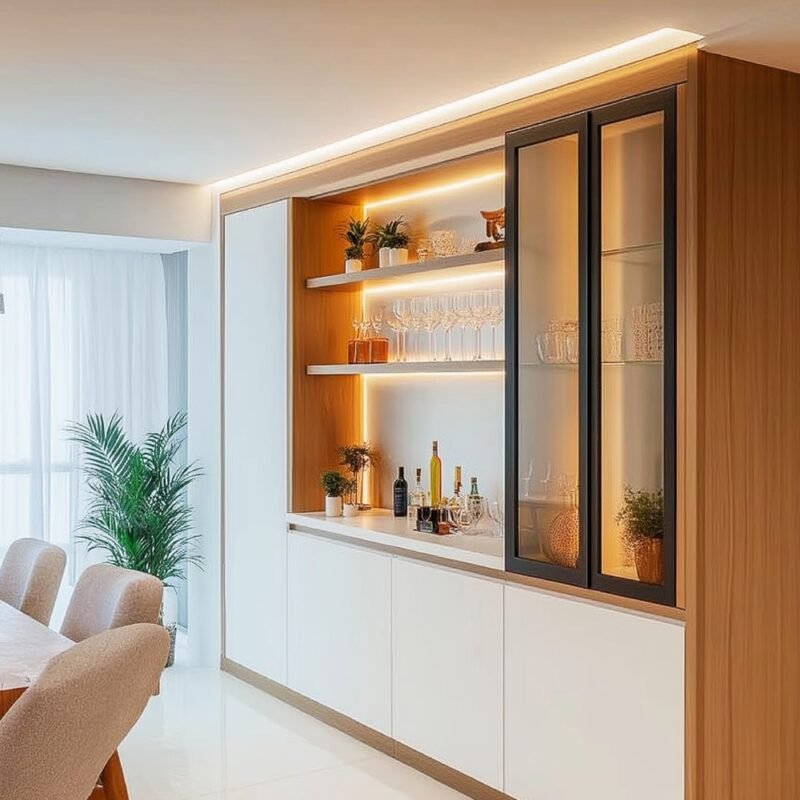 Mid-century Modern Crockery Unit Design in Frosty White and Walnut Bronze