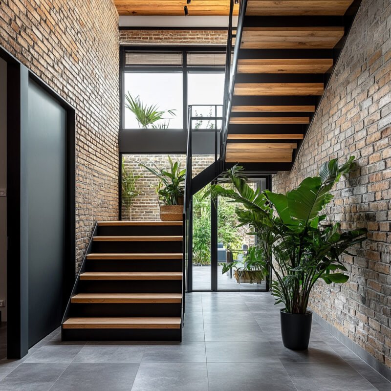 Industrial Straight Staircase Design with Wood and Metal