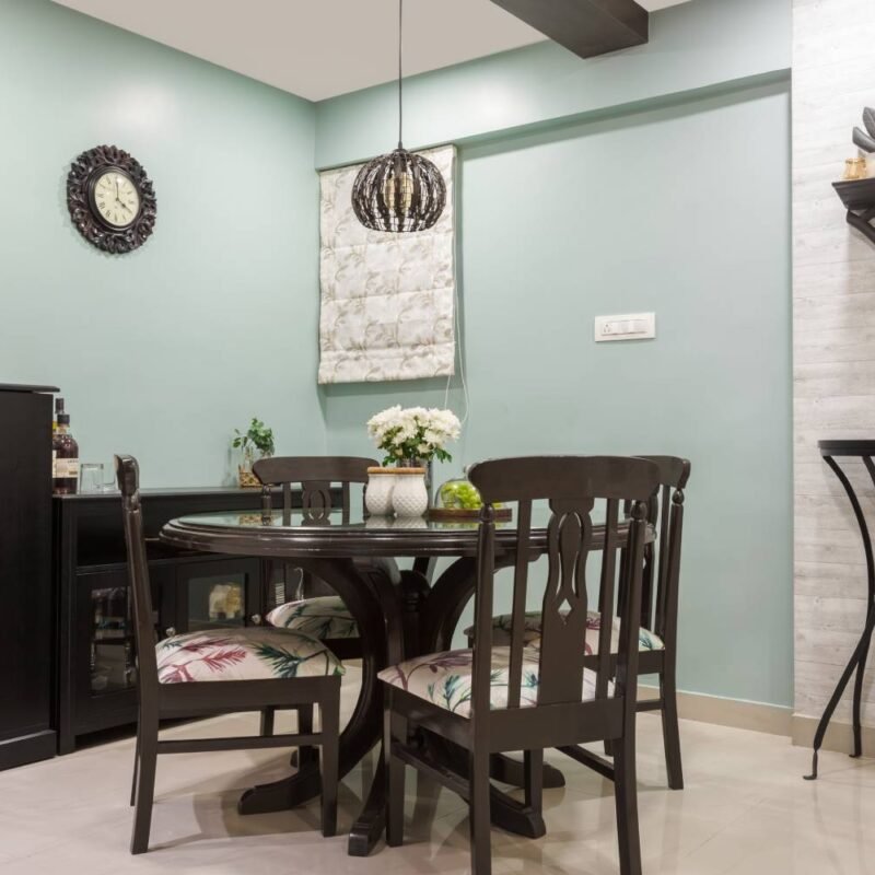 Classic 1BHK Flat Design with White Brick Wallpaper and Teal Dining Wall