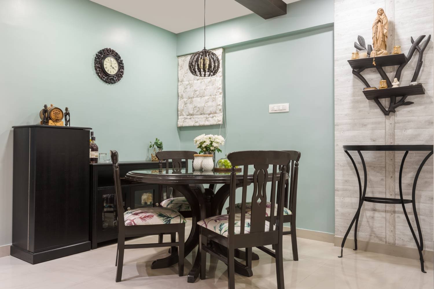 Classic 1BHK Flat Design with White Brick Wallpaper and Teal Dining Wall