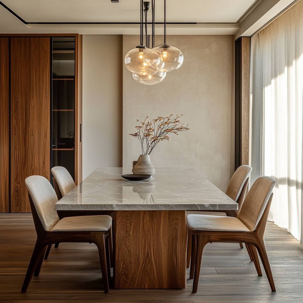 Classic Dining Room Design with Marble Table and Seamless Wood Storage