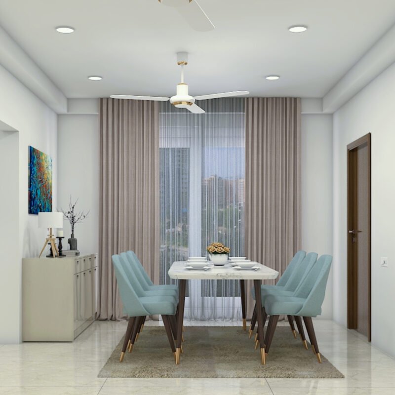 Contemporary Dining Room Design with Pastel Upholstery and Marble Table