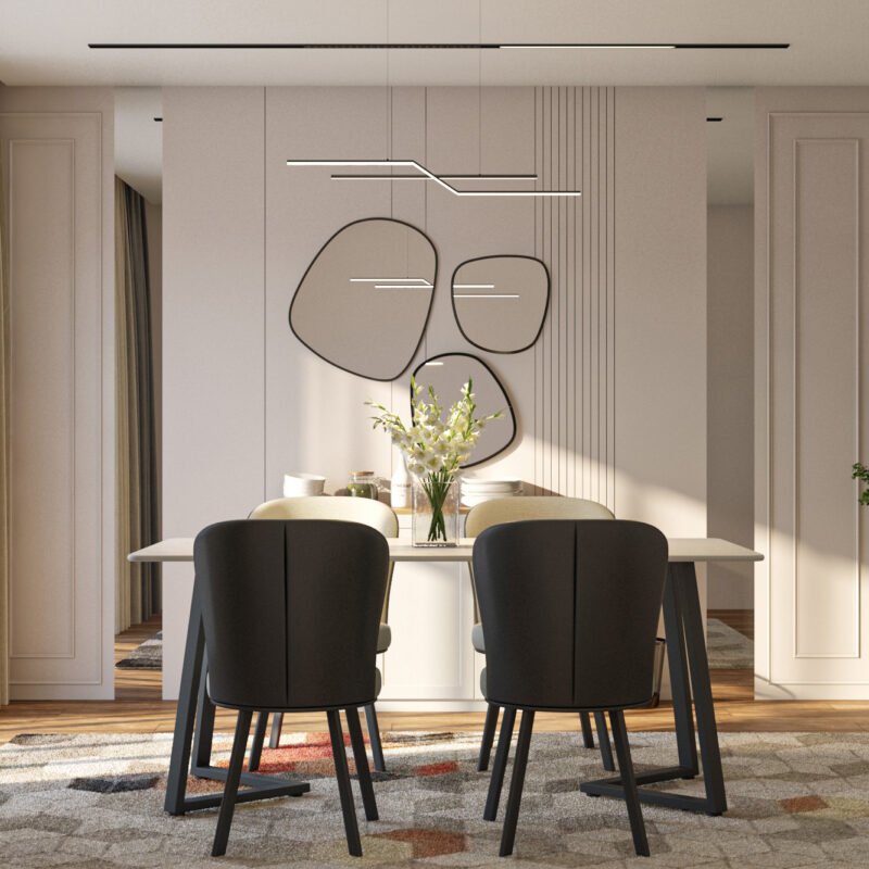 Contemporary Dining Room Design With Two-Tone Chairs and Cabinetry