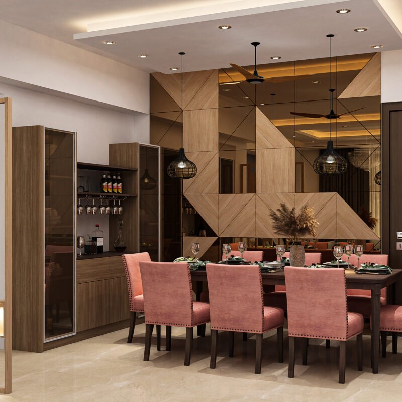 Contemporary Dining Room Design with Dark Wood and Blush Pink Chairs