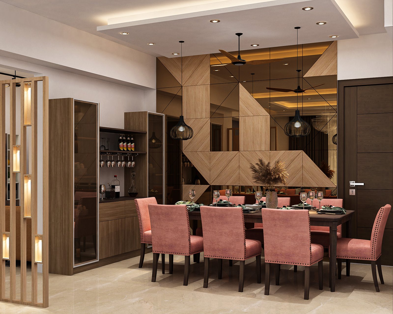 Contemporary Dining Room Design with Dark Wood and Blush Pink Chairs