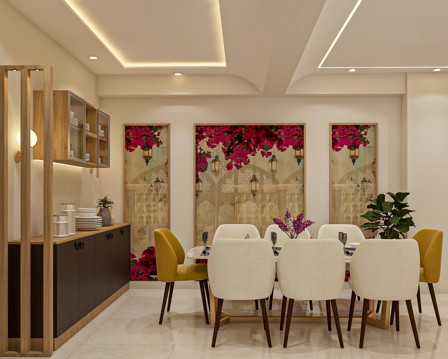 Contemporary Dining Room Design with Marble Table and Gold Accents