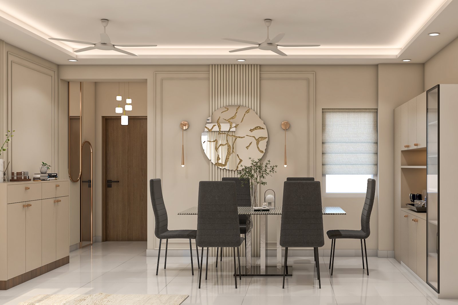 Contemporary Dining Room Design with Marble Top Table and Upholstered Chairs