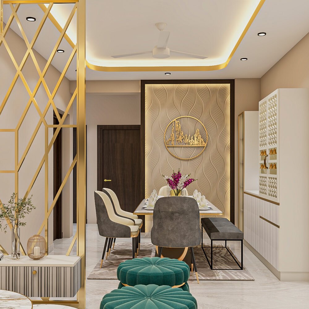 Modern Dining Room Design with White Marble Table and Gold Details