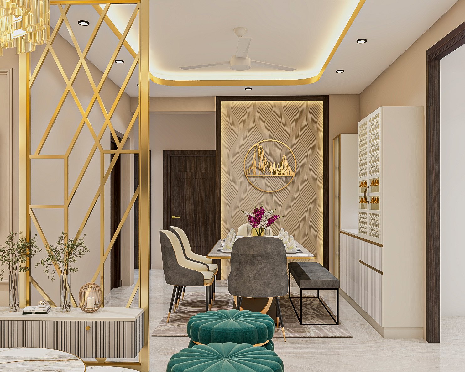 Modern Dining Room Design with White Marble Table and Gold Details