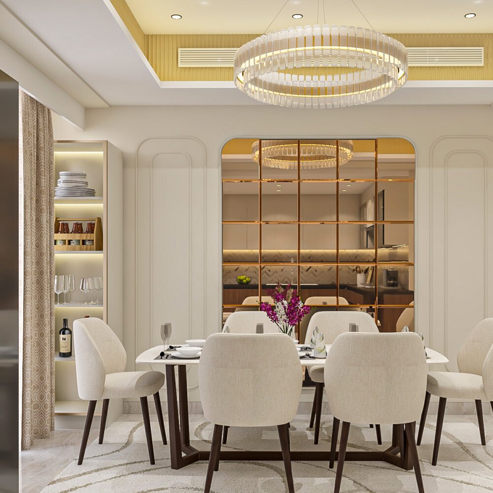 Modern Dining Room Design with Oval Marble Table and Beige Chairs