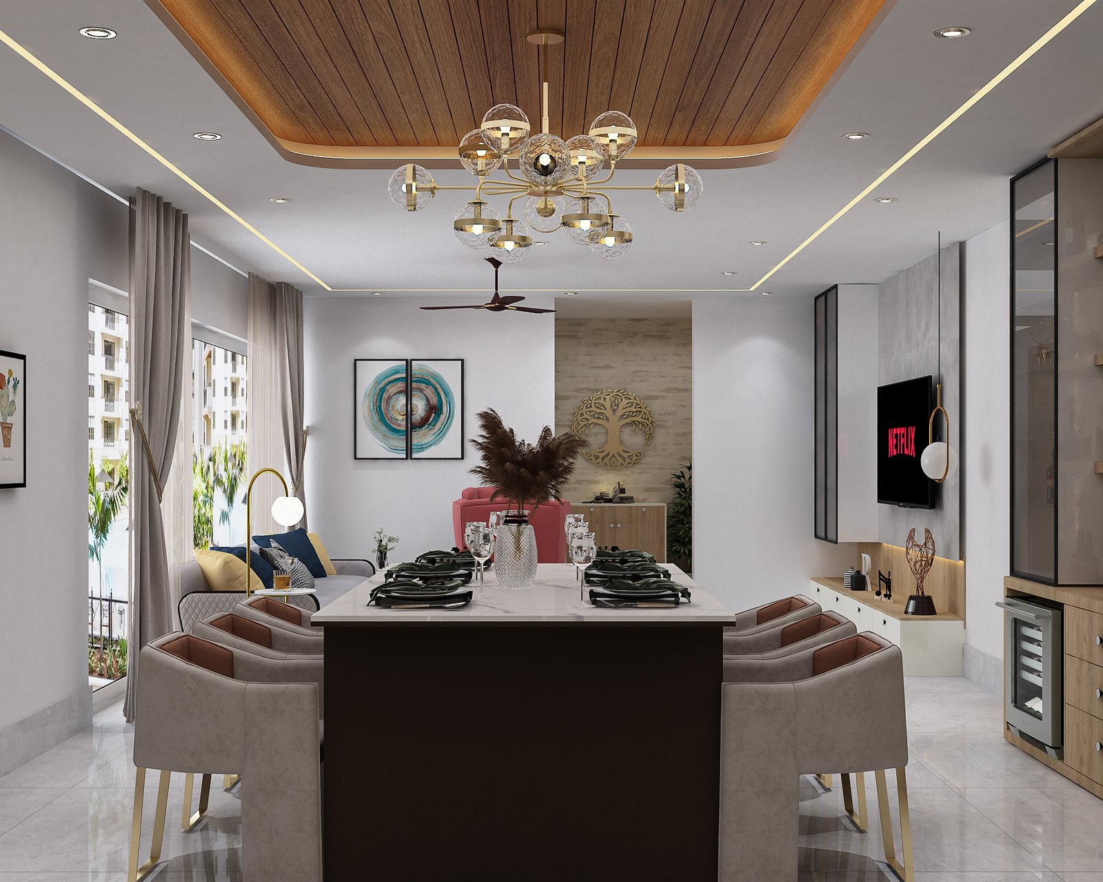 Contemporary Dining Room Design with Marble Table and Gold Leg Chairs