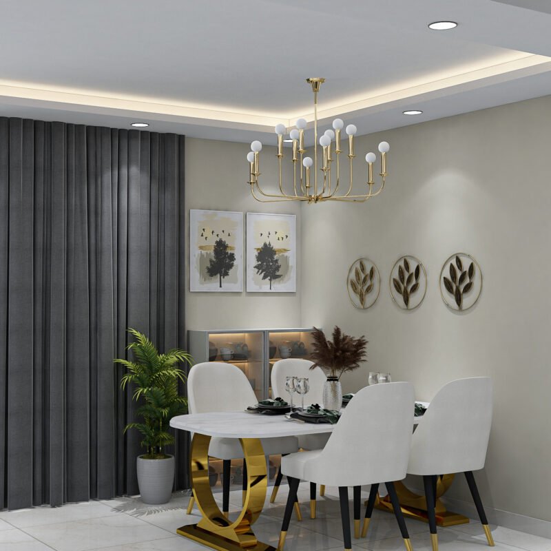Contemporary Dining Room Design with Oval Marble Table and Gold Base