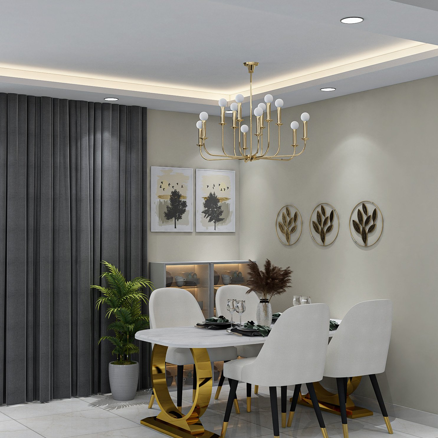 Contemporary Dining Room Design with Oval Marble Table and Gold Base