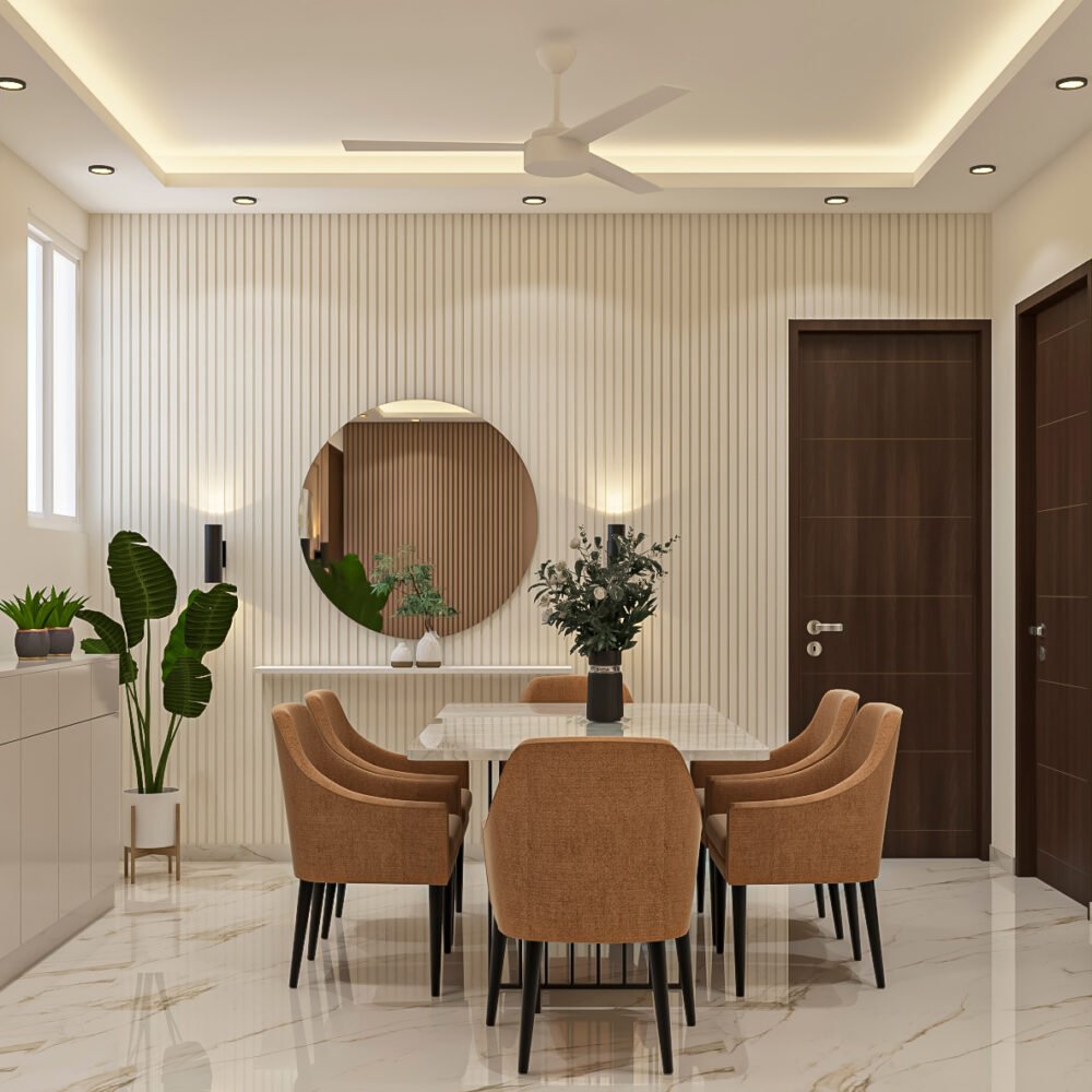 Modern Dining Room Design with Reflective Marble Table and Caramel Chairs