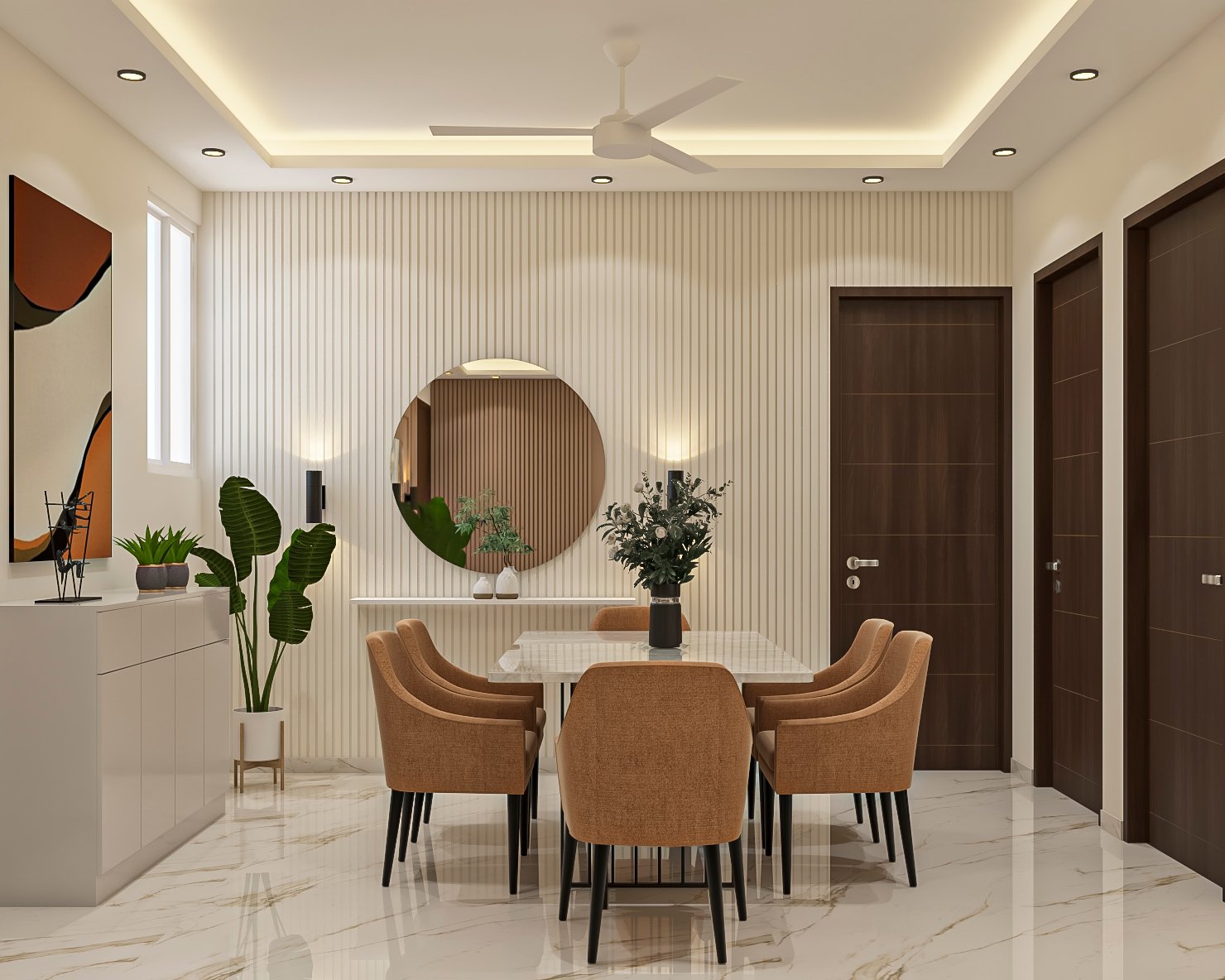Modern Dining Room Design with Reflective Marble Table and Caramel Chairs
