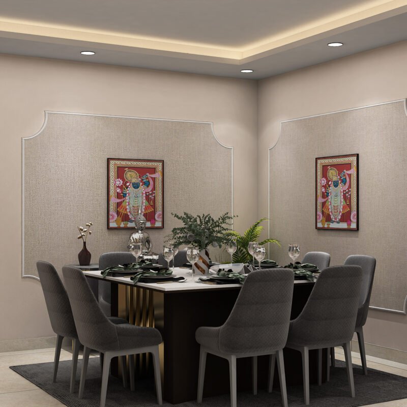Contemporary Dining Room Design with Marble Table and Grey Upholstered Chairs