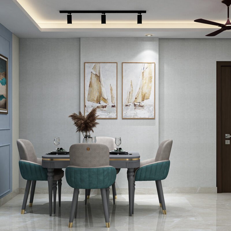 Modern Dining Room Design with Grey Oval Table and Teal Chairs