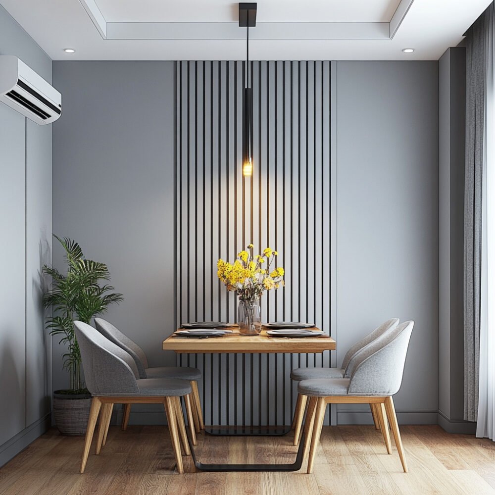 Minimalist Wooden Dining Room Design with Gray Upholstered Chairs