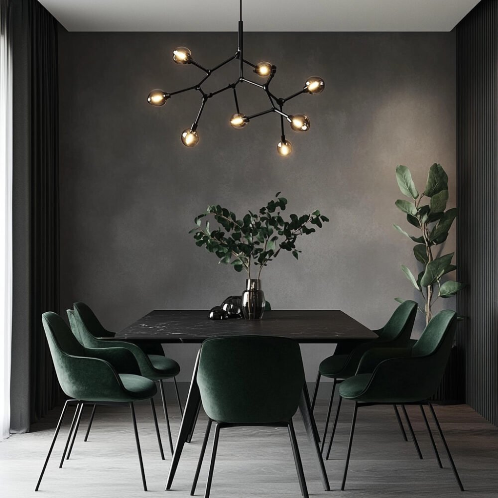 Modern Black Marble Dining Room Design with Green Velvet Chairs