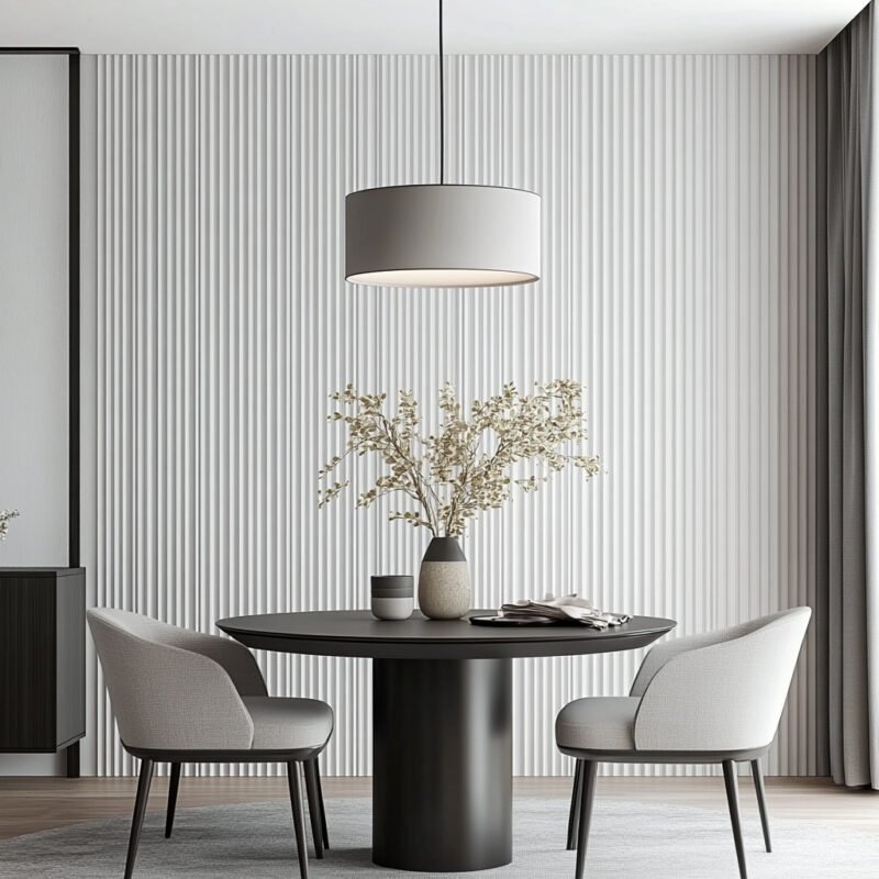 Minimalist Dining Room Design with Black Pedestal Table and Light Gray Chairs