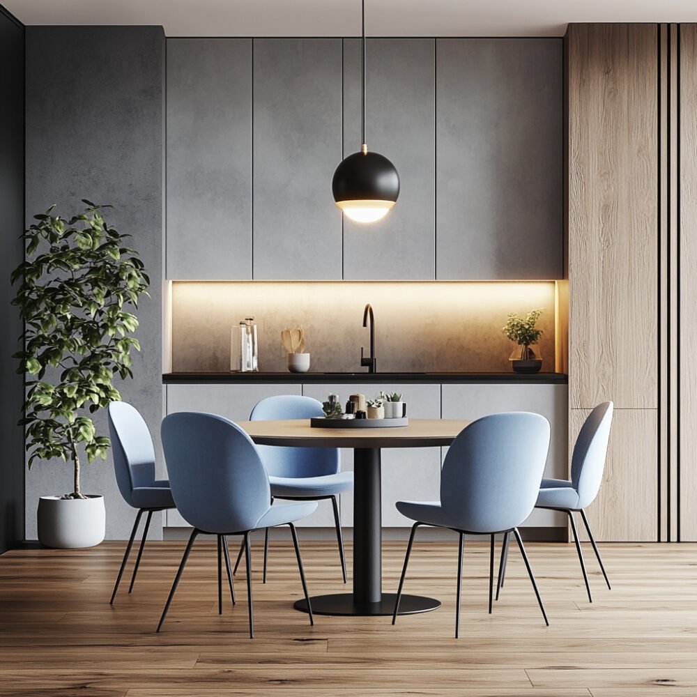 Contemporary Dining Room Design with Wooden Table and Soft Blue Chairs