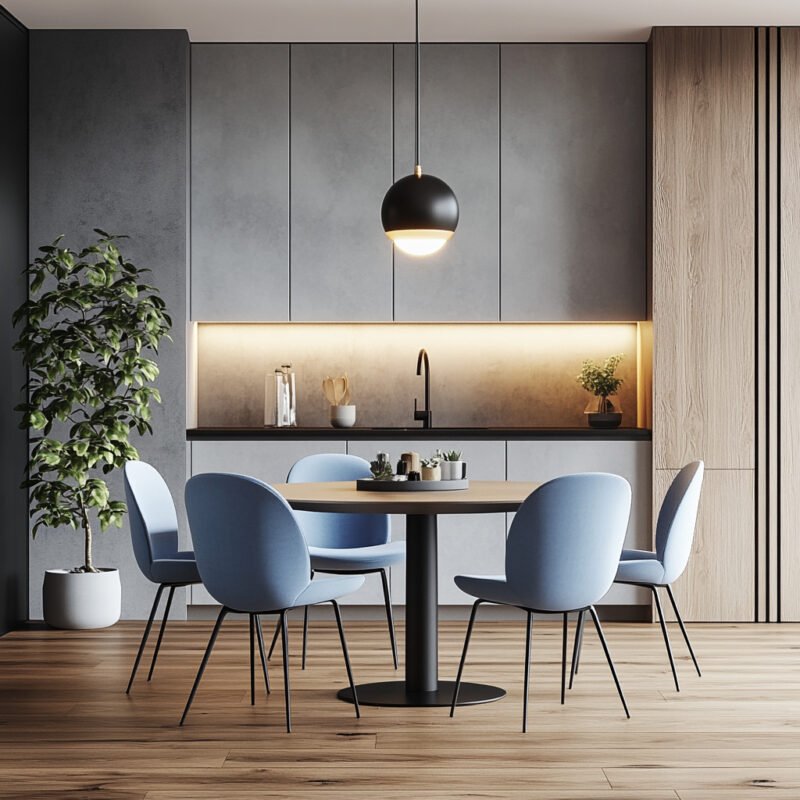 Contemporary Dining Room Design with Wooden Table and Soft Blue Chairs
