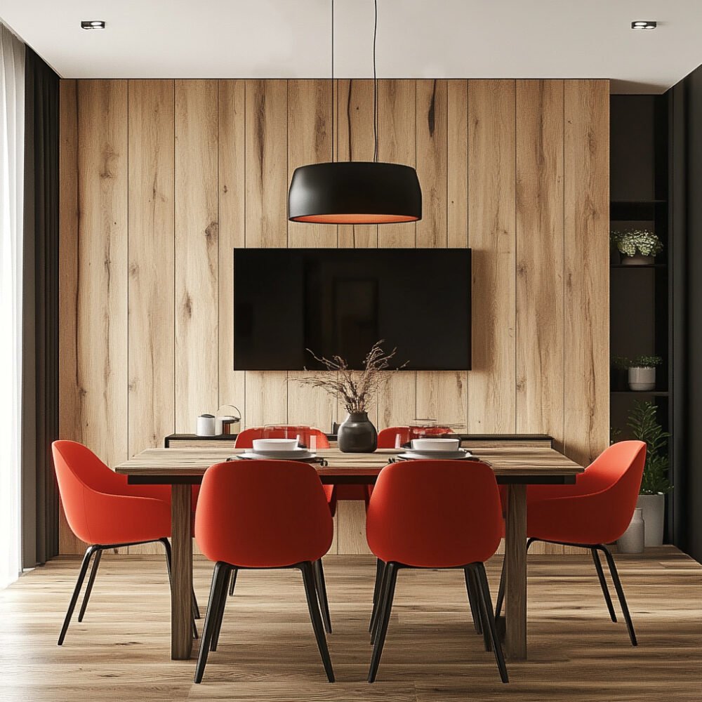Contemporary Dining Room Design with Wooden Table and Orange Chairs