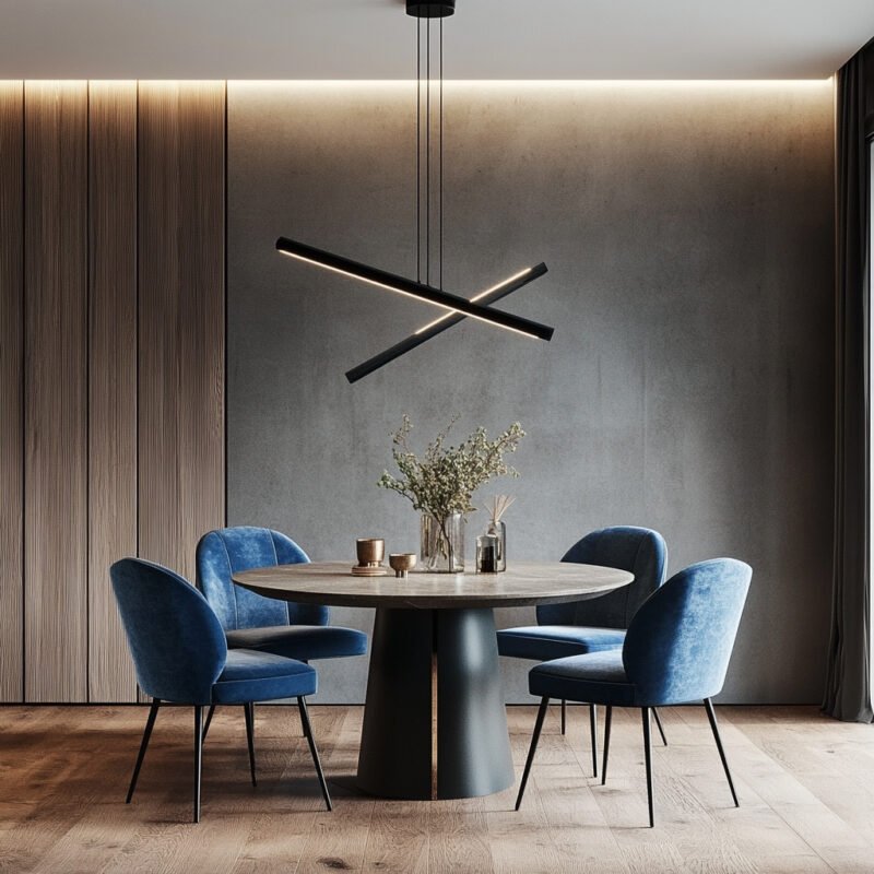 Contemporary Dining Room Design with Blue Velvet Chairs and Stone Table