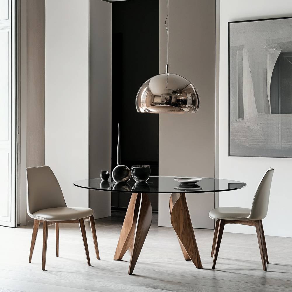 Modern Dining Room Design with Round Glass Table and Leather Chairs