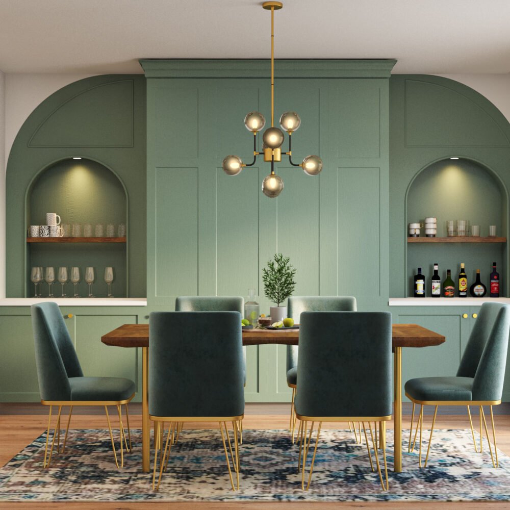 Mid-Century Modern Dining Room Design with Teal Velvet Chairs
