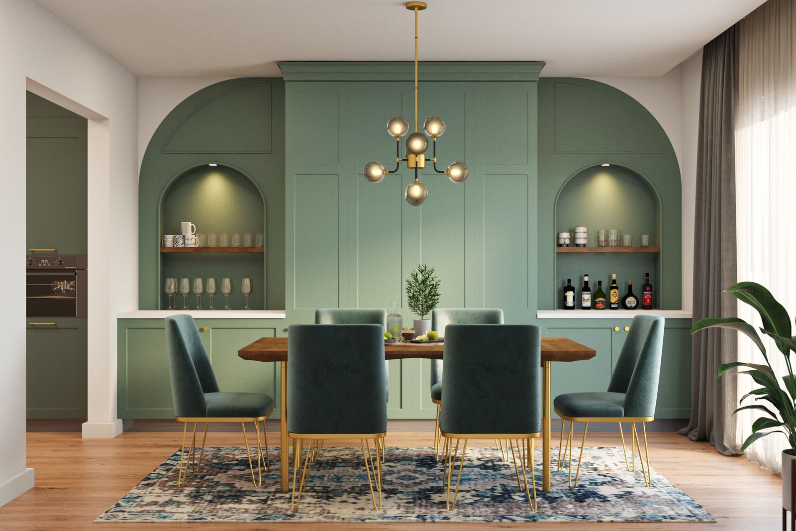 Mid-Century Modern Dining Room Design with Teal Velvet Chairs