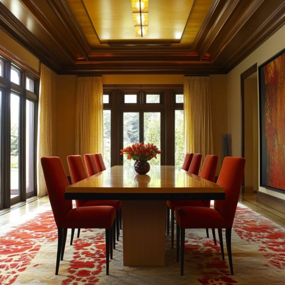 Classic 8-Seater Dining Room Design with Bold Upholstered Chairs