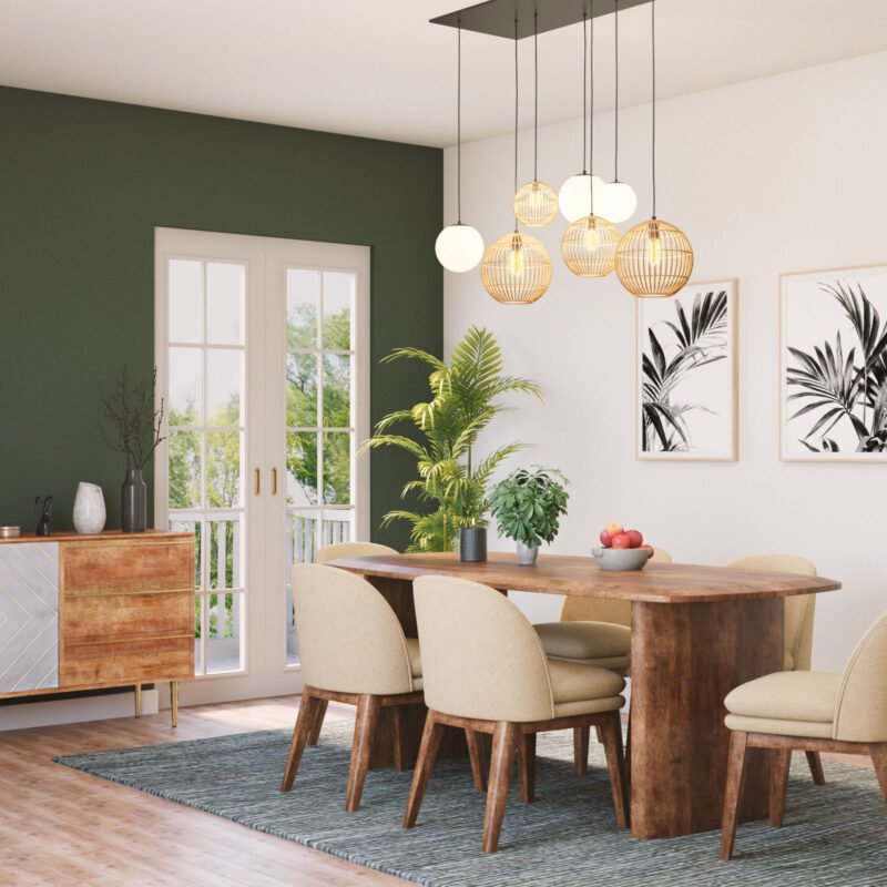Bohemian Dining Room Design with Beige Chairs and Wooden Table