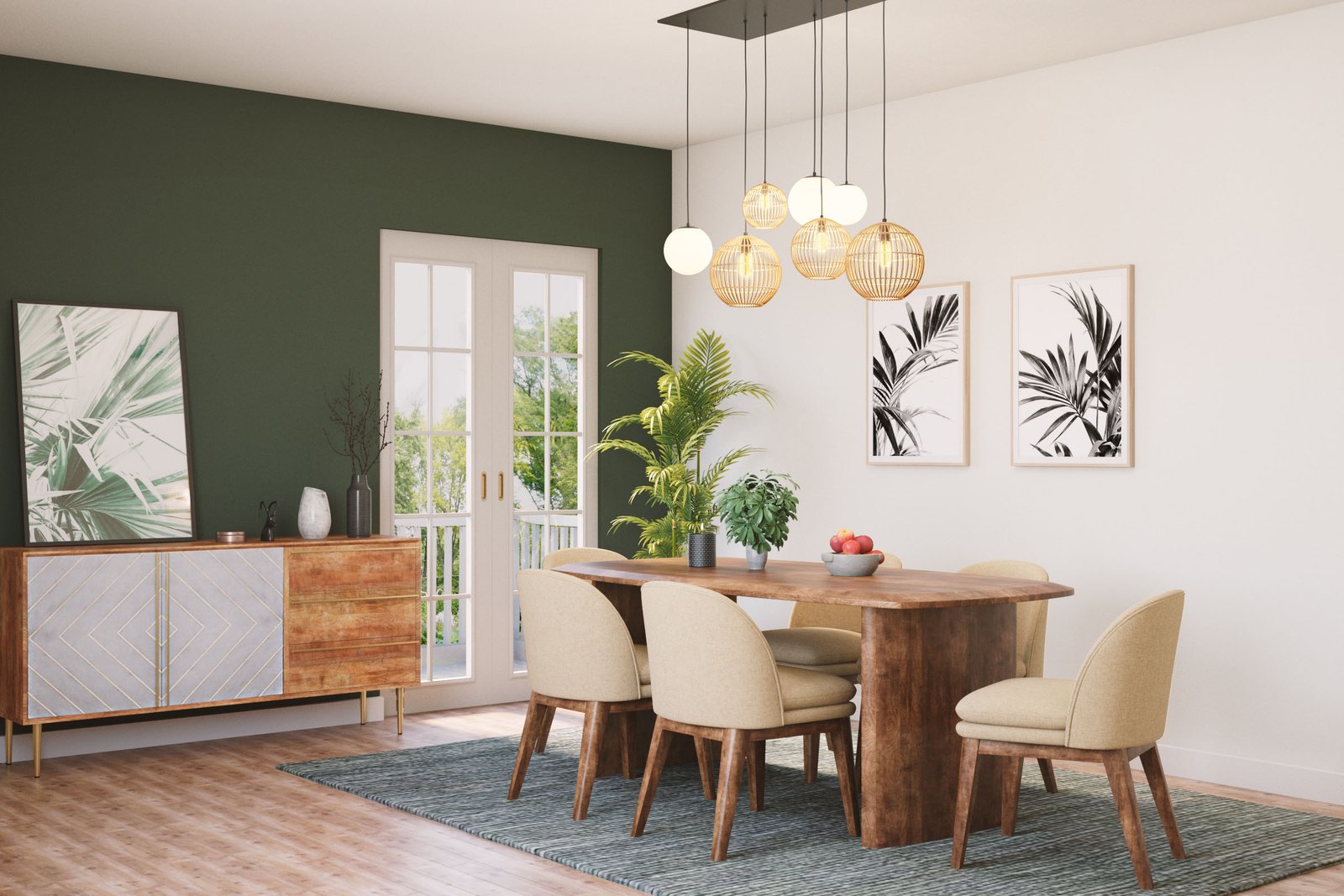 Bohemian Dining Room Design with Beige Chairs and Wooden Table