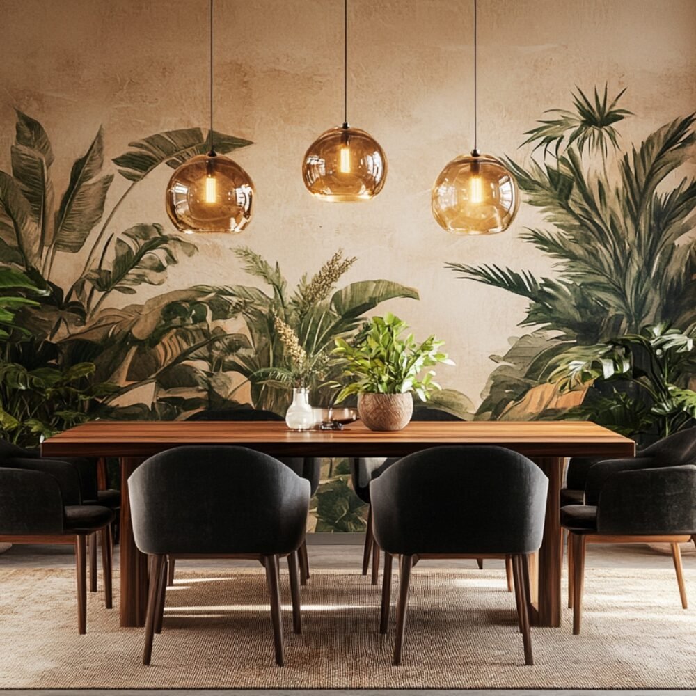 Tropical Dining Room Design with Wooden Table and Upholstered Chairs