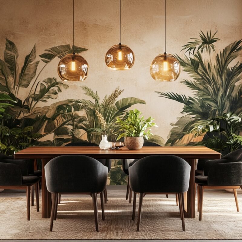 Tropical Dining Room Design with Wooden Table and Upholstered Chairs