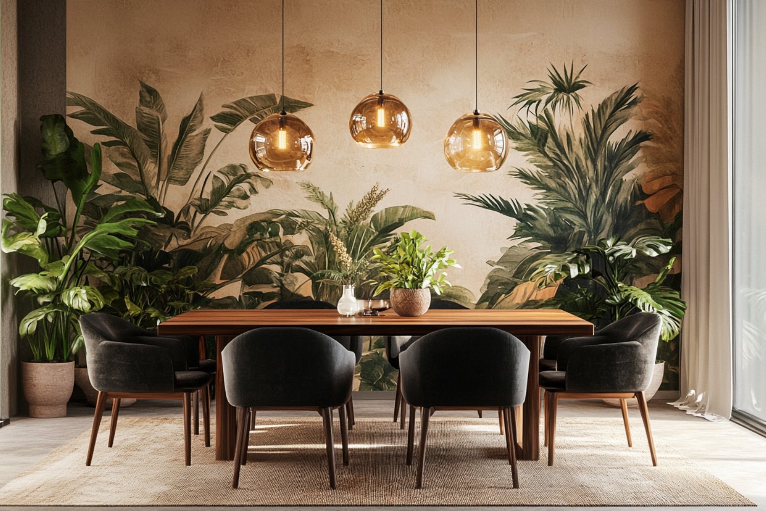 Tropical Dining Room Design with Wooden Table and Upholstered Chairs