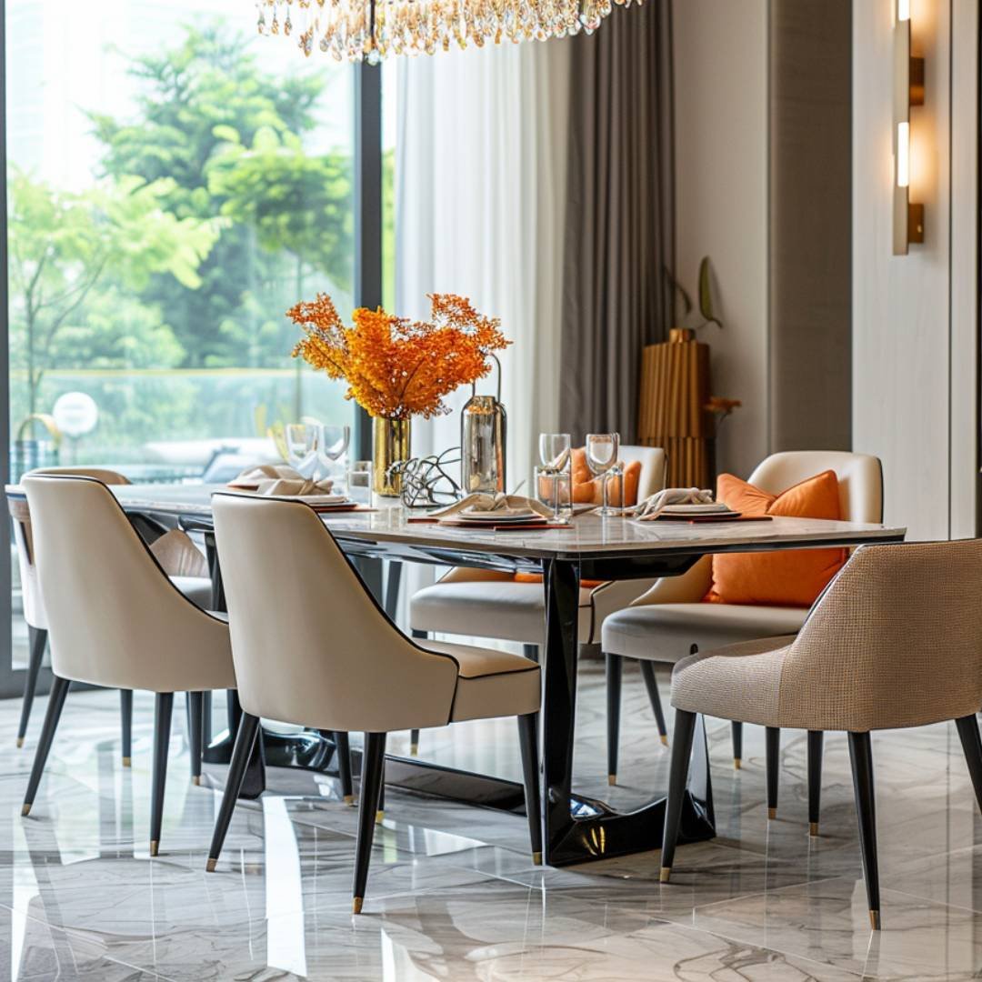 6-Seater Dining Room Design with Marble Table and Crystal Chandelier