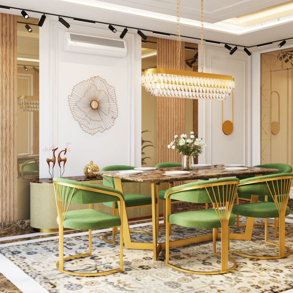 Art Deco Dining Room Design with Dark Marble Top Table
