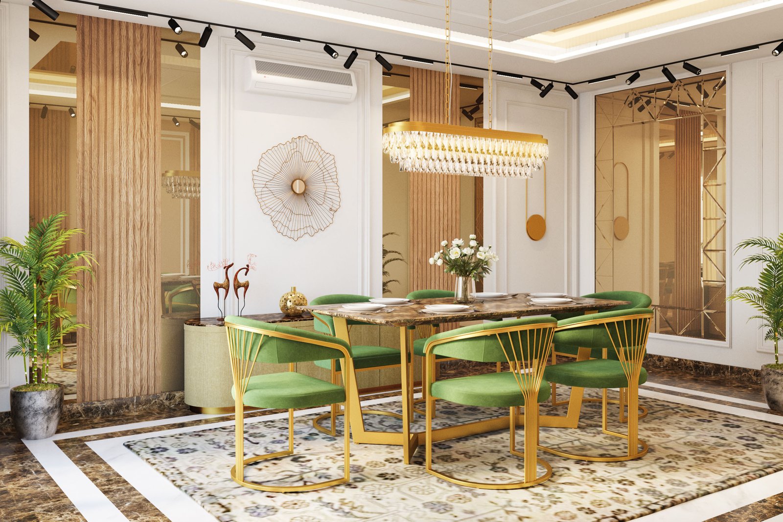 Art Deco Dining Room Design with Dark Marble Top Table