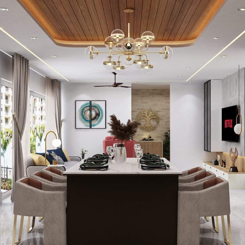 Contemporary Dining Room Design with Marble Table and Beige Chairs