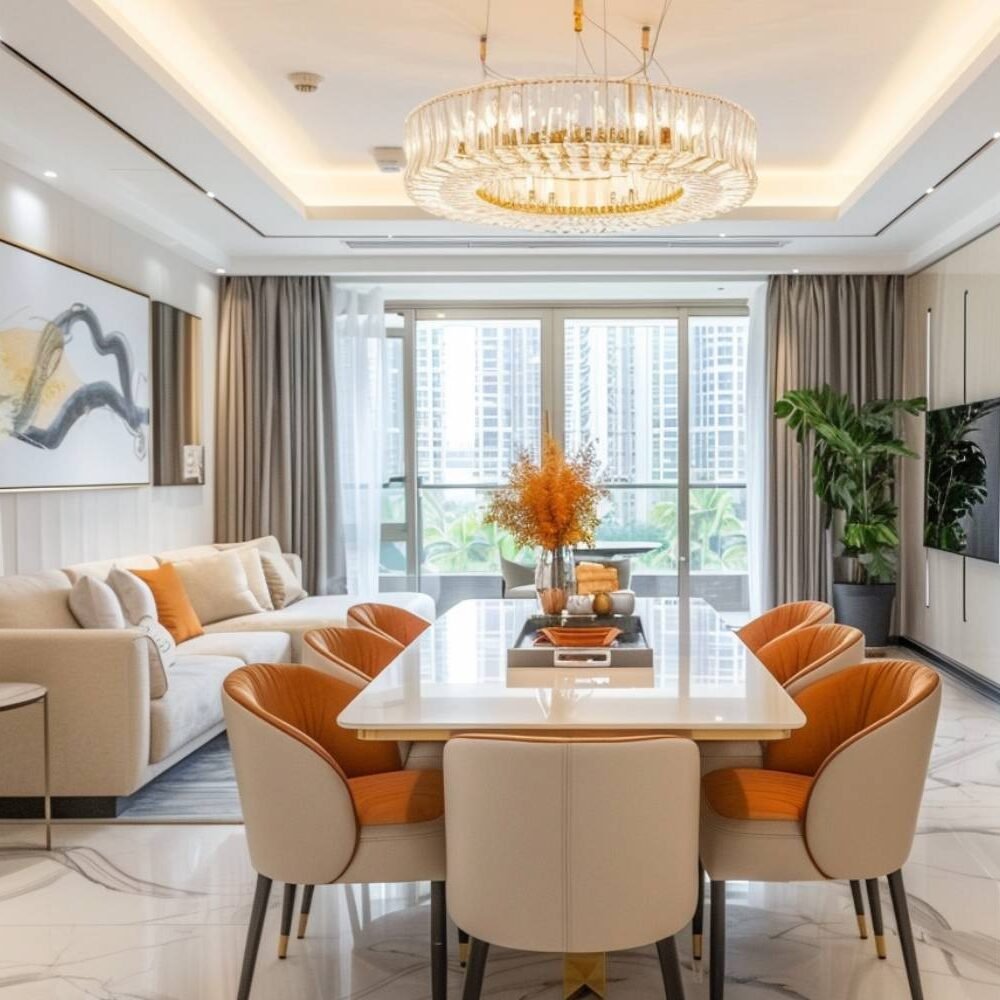 Contemporary Dining Room Design with Marble Table and Crystal Chandelier