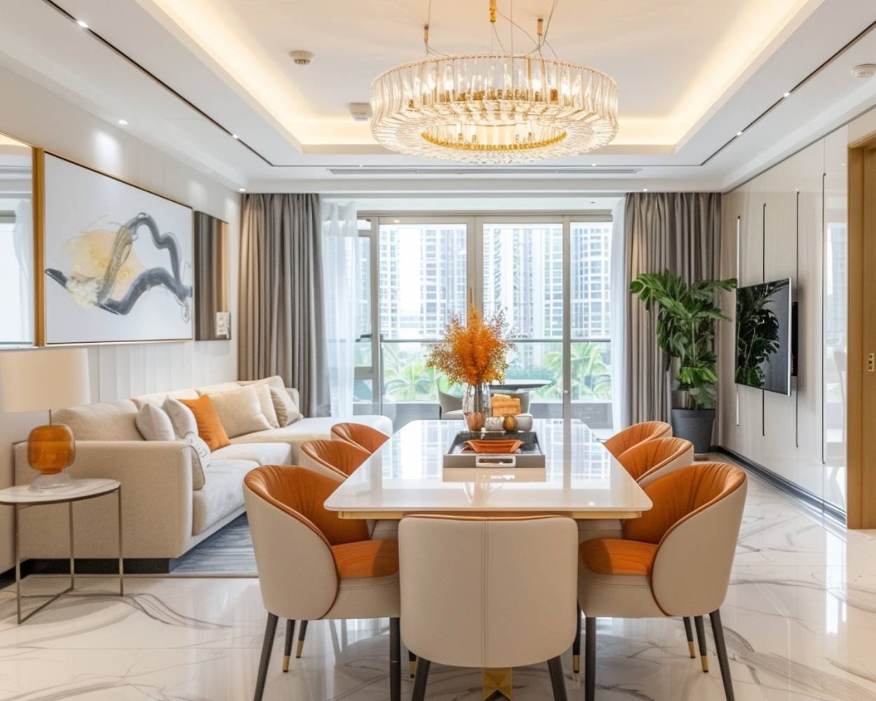 Contemporary Dining Room Design with Marble Table and Crystal Chandelier