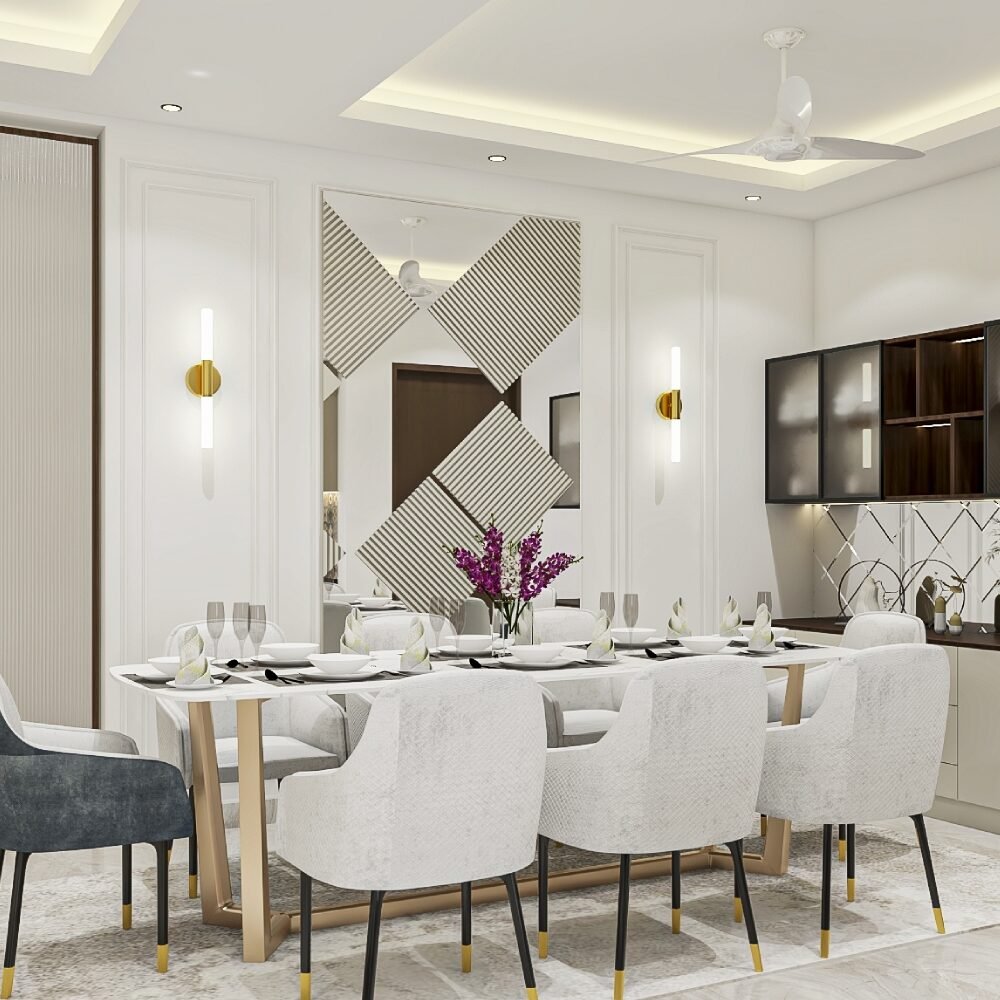Contemporary Dining Room Design with Marble Table and Upholstered Chairs