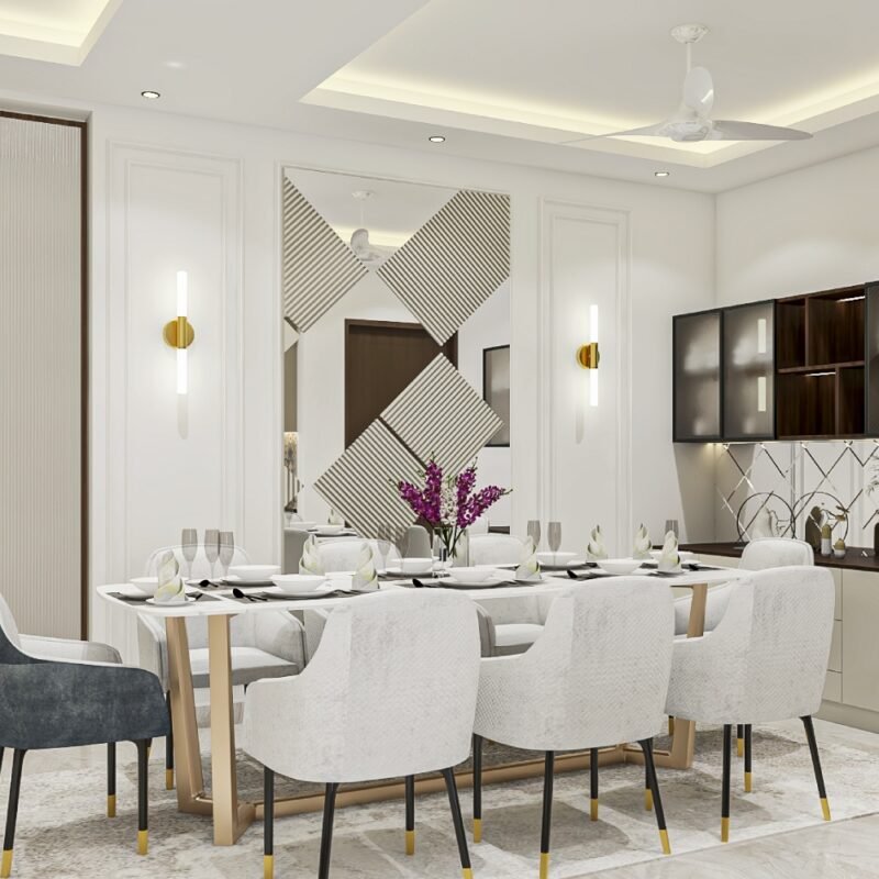 Contemporary Dining Room Design with Marble Table and Upholstered Chairs