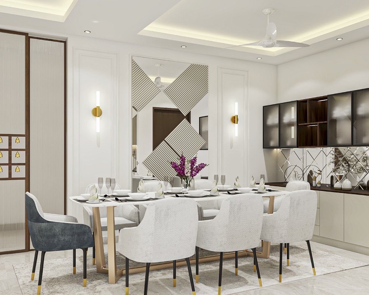 Contemporary Dining Room Design with Marble Table and Upholstered Chairs