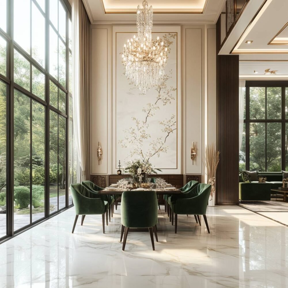 Contemporary Dining Room Design with Dark Marble Table