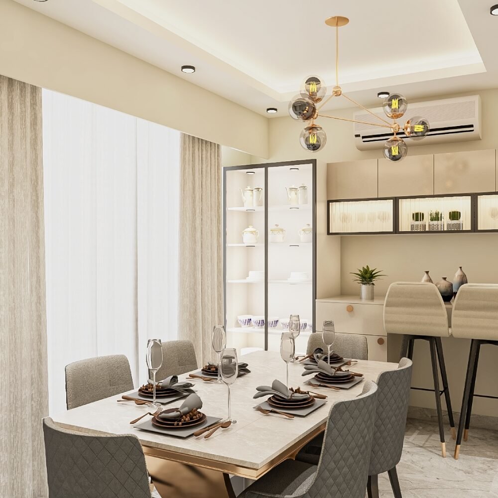 Contemporary Dining Room Design with Upholstered Chairs and Gold Accents